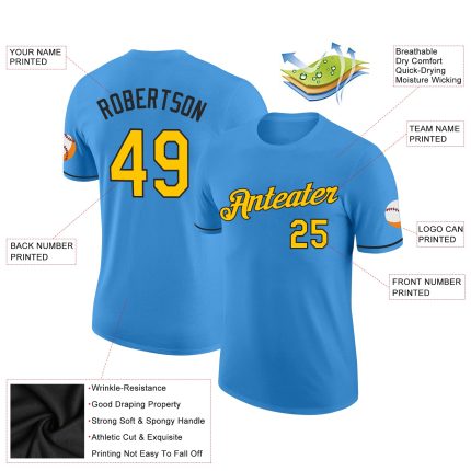 Personalized Powder Blue Yellow-Black Performance T-Shirt Team Custom Name and Number