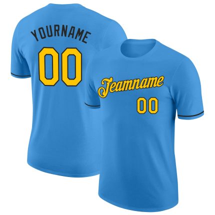 Personalized Powder Blue Yellow-Black Performance T-Shirt Team Custom Name and Number