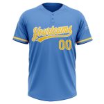 Personalized Powder Blue Yellow-White Two-Button Unisex Softball Jersey Team Custom Name and Number