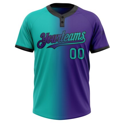 Personalized Purple Aqua-Black Gradient Fashion Two-Button Unisex Softball Jersey Team Custom Name and Number