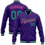 Personalized Purple Aqua Black-Pink Bomber Full-Snap Varsity Letterman Jacket Team Custom Name and Number