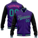 Personalized Purple Aqua Black-Pink Bomber Full-Snap Varsity Letterman Two Tone Jacket Team Custom Name and Number