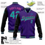 Personalized Purple Aqua Black-Pink Bomber Full-Snap Varsity Letterman Two Tone Jacket Team Custom Name and Number