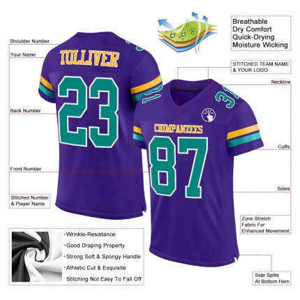 Personalized Purple Aqua-Gold Mesh Authentic Football Jersey Team Custom Name and Number
