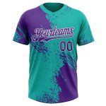 Personalized Purple Aqua-White 3D Pattern Abstract Brush Stroke Two-Button Unisex Softball Jersey Team Custom Name and Number