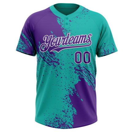 Personalized Purple Aqua-White 3D Pattern Abstract Brush Stroke Two-Button Unisex Softball Jersey Team Custom Name and Number