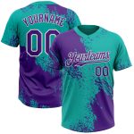 Personalized Purple Aqua-White 3D Pattern Abstract Brush Stroke Two-Button Unisex Softball Jersey Team Custom Name and Number