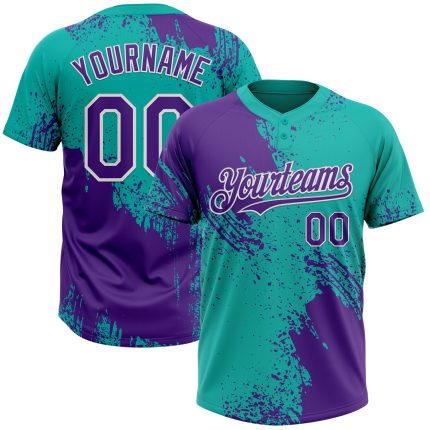 Personalized Purple Aqua-White 3D Pattern Abstract Brush Stroke Two-Button Unisex Softball Jersey Team Custom Name and Number