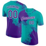Personalized Purple Aqua-White 3D Pattern Design Abstract Brush Stroke Performance T-Shirt Team Custom Name and Number