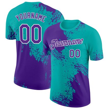 Personalized Purple Aqua-White 3D Pattern Design Abstract Brush Stroke Performance T-Shirt Team Custom Name and Number