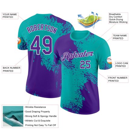 Personalized Purple Aqua-White 3D Pattern Design Abstract Brush Stroke Performance T-Shirt Team Custom Name and Number