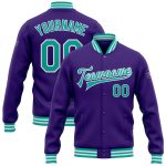 Personalized Purple Aqua-White Bomber Full-Snap Varsity Letterman Jacket Team Custom Name and Number