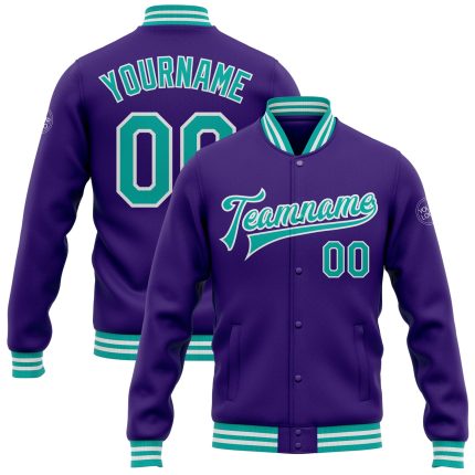 Personalized Purple Aqua-White Bomber Full-Snap Varsity Letterman Jacket Team Custom Name and Number