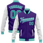 Personalized Purple Aqua-White Bomber Full-Snap Varsity Letterman Two Tone Jacket Team Custom Name and Number