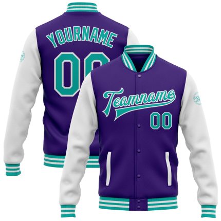 Personalized Purple Aqua-White Bomber Full-Snap Varsity Letterman Two Tone Jacket Team Custom Name and Number