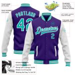 Personalized Purple Aqua-White Bomber Full-Snap Varsity Letterman Two Tone Jacket Team Custom Name and Number