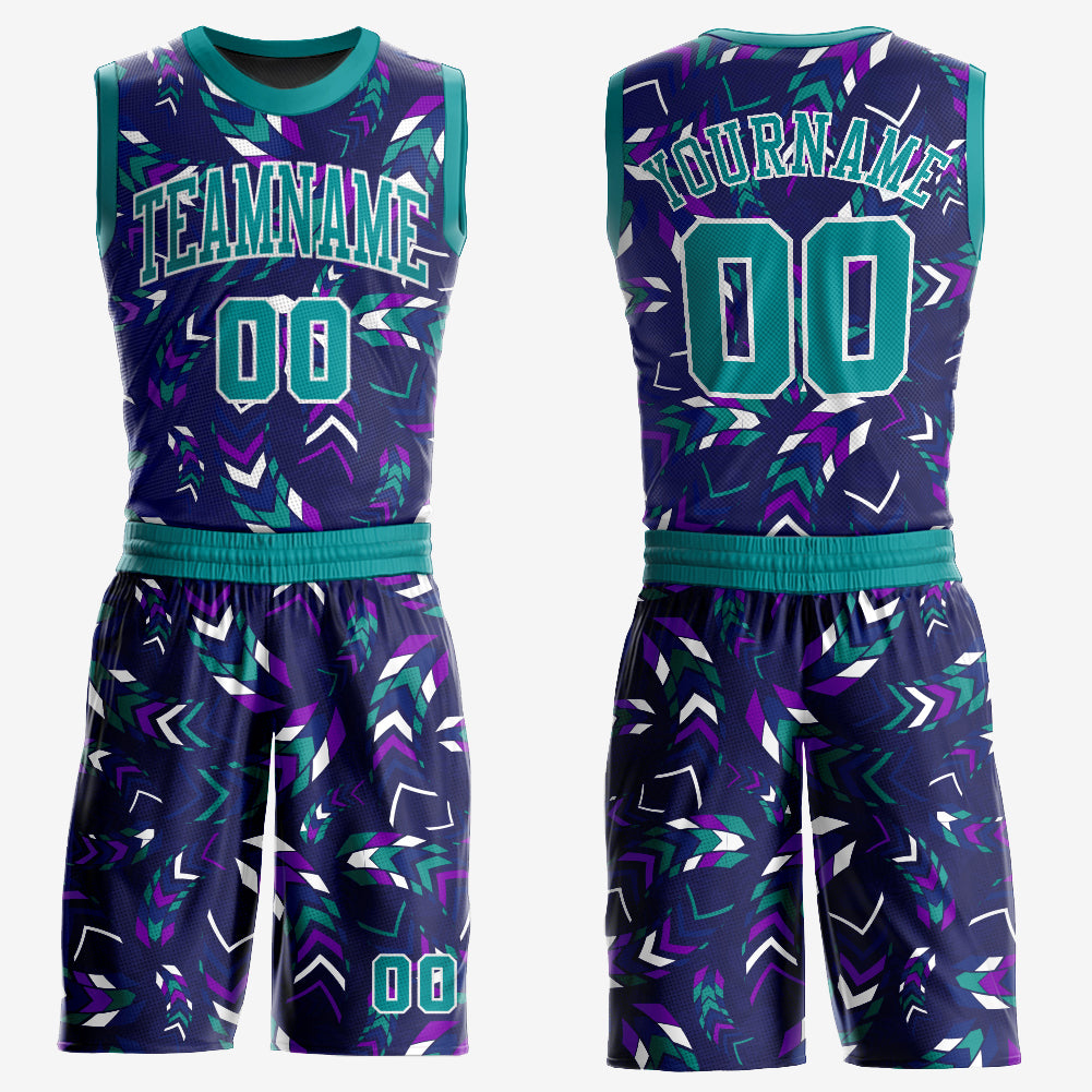 Personalized Purple Aqua-White Music Festival Round Neck Sublimation Basketball Suit Jersey Team Custom Name and Number