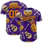 Personalized Purple Bay Orange-Black 3D Pattern Halloween Skull Authentic Baseball Jersey