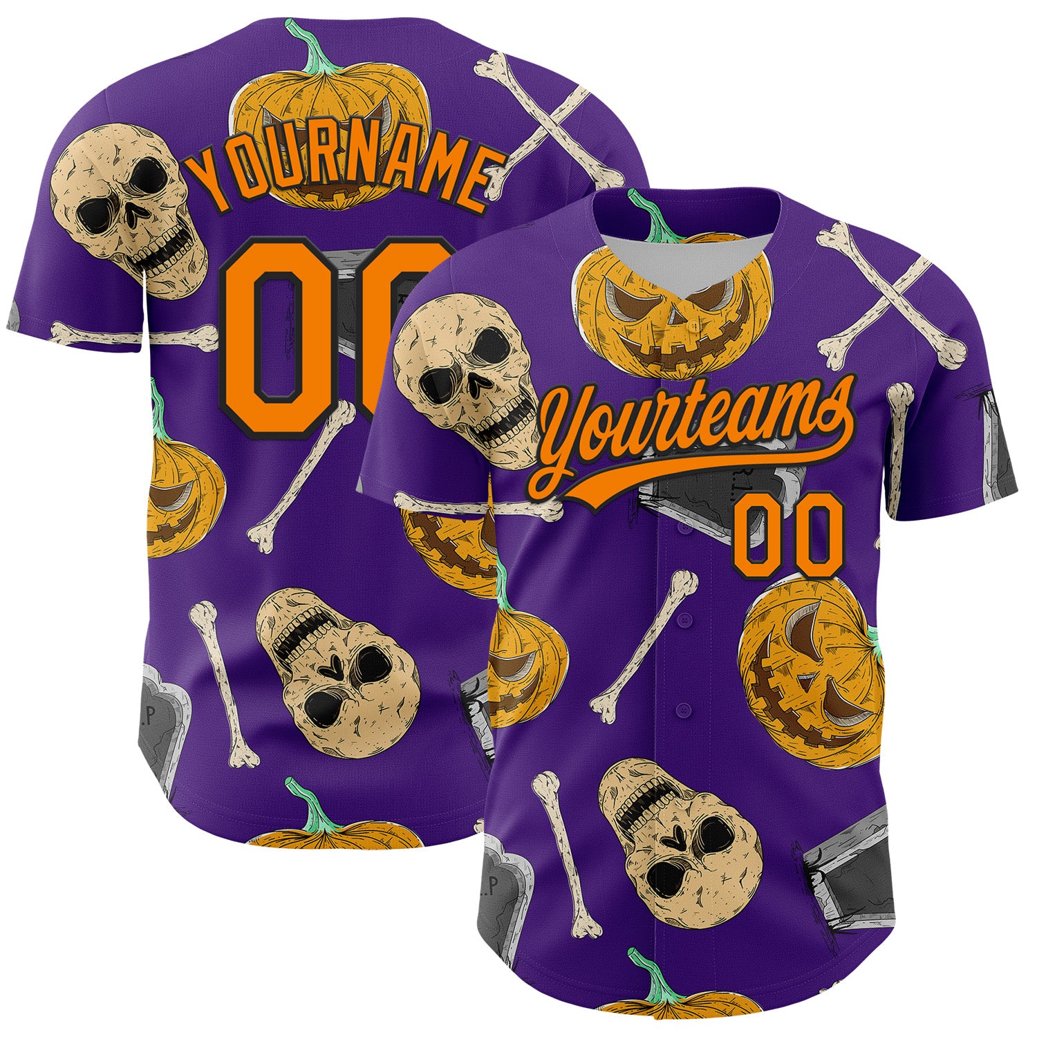 Personalized Purple Bay Orange-Black 3D Pattern Halloween Skull Authentic Baseball Jersey