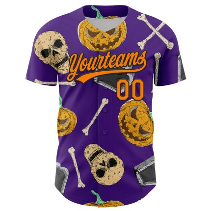 Personalized Purple Bay Orange-Black 3D Pattern Halloween Skull Authentic Baseball Jersey