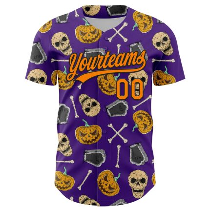 Personalized Purple Bay Orange-Black 3D Pattern Halloween Skull Authentic Baseball Jersey Team Custom Name and Number