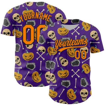 Personalized Purple Bay Orange-Black 3D Pattern Halloween Skull Authentic Baseball Jersey Team Custom Name and Number