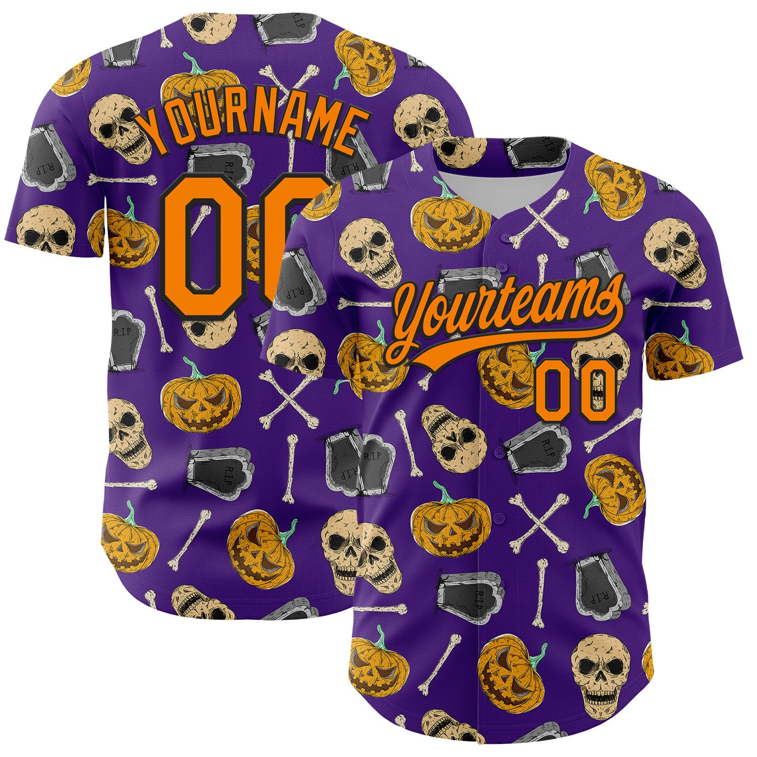 Personalized Purple Bay Orange-Black 3D Pattern Halloween Skull Authentic Baseball Jersey Team Custom Name and Number