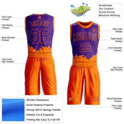 Personalized Purple Bay Orange Color Splash Round Neck Sublimation Basketball Suit Jersey Team Custom Name and Number