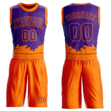Personalized Purple Bay Orange Color Splash Round Neck Sublimation Basketball Suit Jersey Team Custom Name and Number