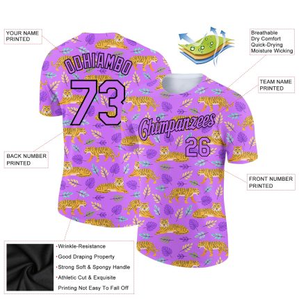 Personalized Purple Black 3D Pattern Design Tiger Performance T-Shirt Team Custom Name and Number