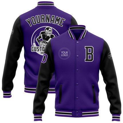 Personalized Purple Black Bomber Full-Snap Varsity Letterman Two Tone Jacket Team Custom Name and Number