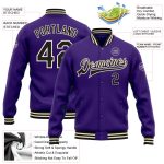 Personalized Purple Black-Cream Bomber Full-Snap Varsity Letterman Jacket Team Custom Name and Number