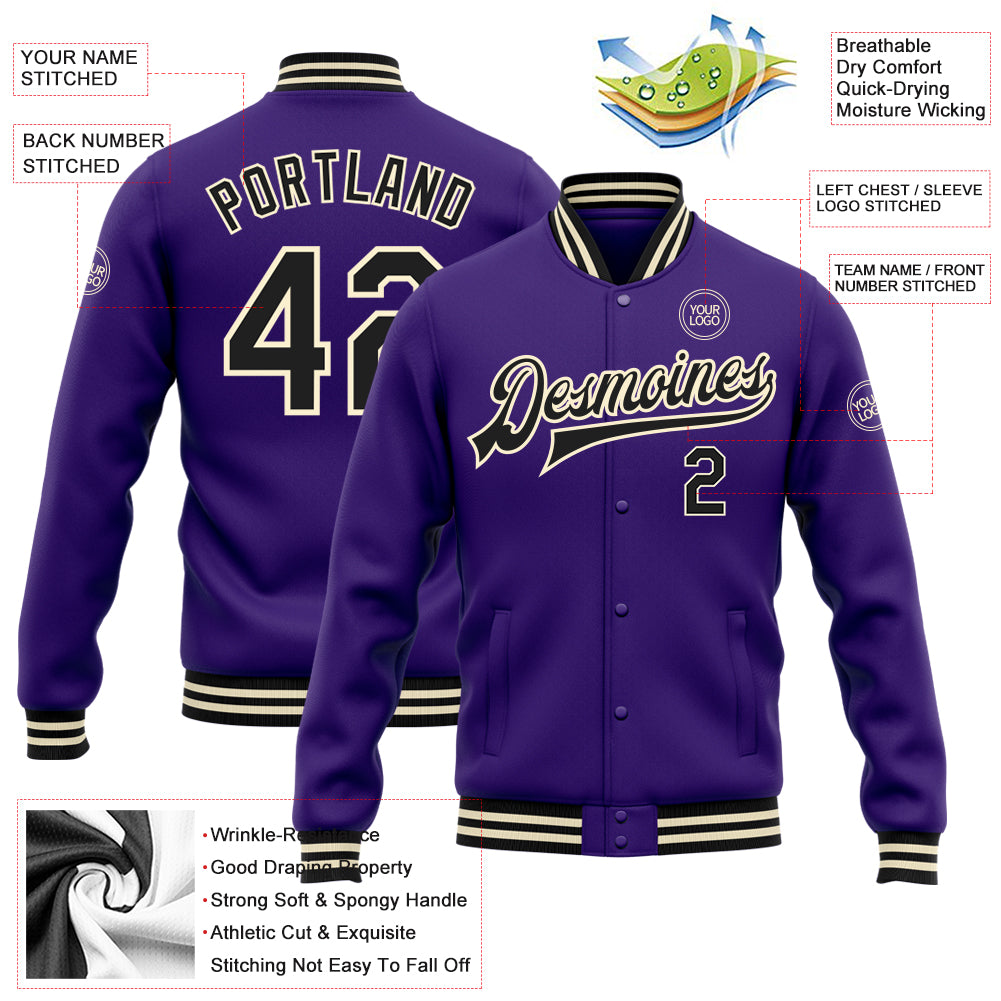 Personalized Purple Black-Cream Bomber Full-Snap Varsity Letterman Jacket Team Custom Name and Number Personalized Purple Black-Cream Bomber Full-Snap Varsity Letterman Jacket Team Custom Name and Number - Image 3