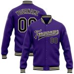 Personalized Purple Black-Cream Bomber Full-Snap Varsity Letterman Jacket Team Custom Name and Number