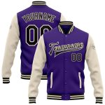 Personalized Purple Black-Cream Bomber Full-Snap Varsity Letterman Two Tone Jacket Team Custom Name and Number
