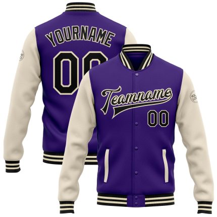 Personalized Purple Black-Cream Bomber Full-Snap Varsity Letterman Two Tone Jacket Team Custom Name and Number