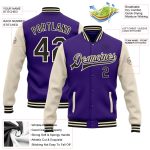 Personalized Purple Black-Cream Bomber Full-Snap Varsity Letterman Two Tone Jacket Team Custom Name and Number