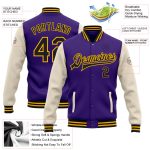 Personalized Purple Black Cream-Gold Bomber Full-Snap Varsity Letterman Two Tone Jacket Team Custom Name and Number