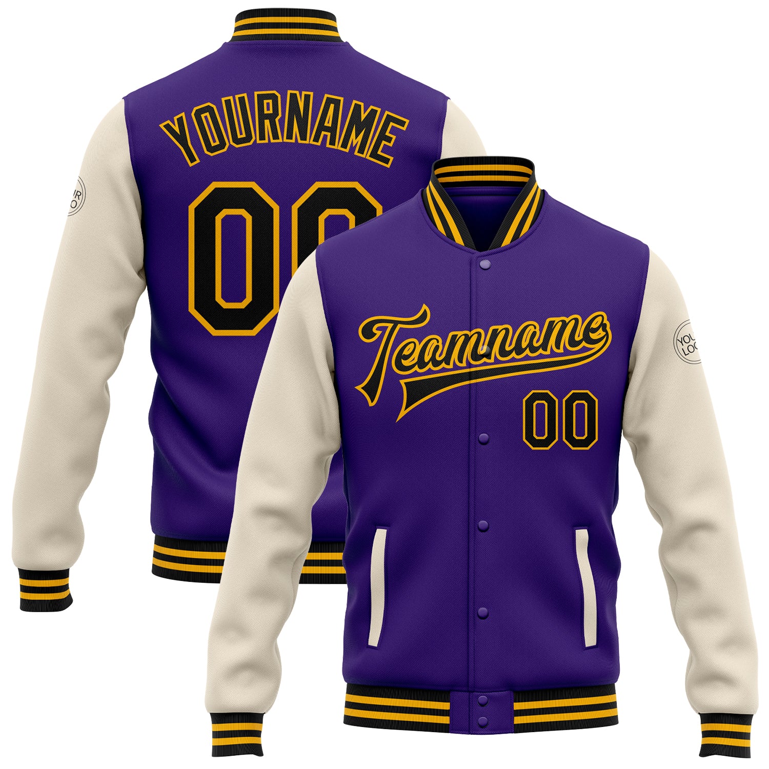 Personalized Purple Black Cream-Gold Bomber Full-Snap Varsity Letterman Two Tone Jacket Team Custom Name and Number