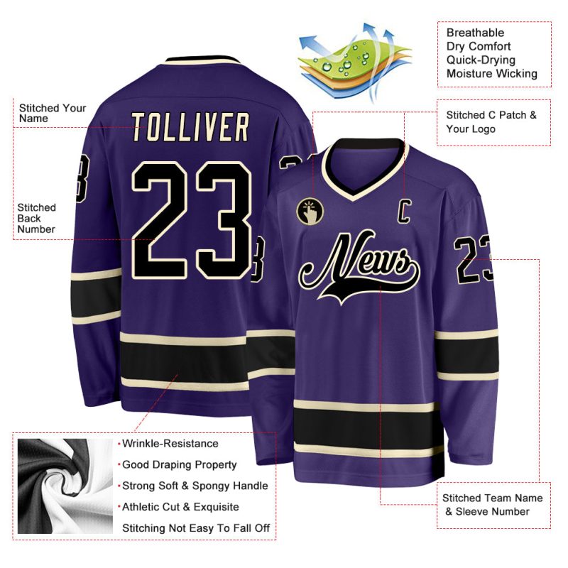 Personalized Purple Black-Cream Hockey Jersey Team Custom Name and Number