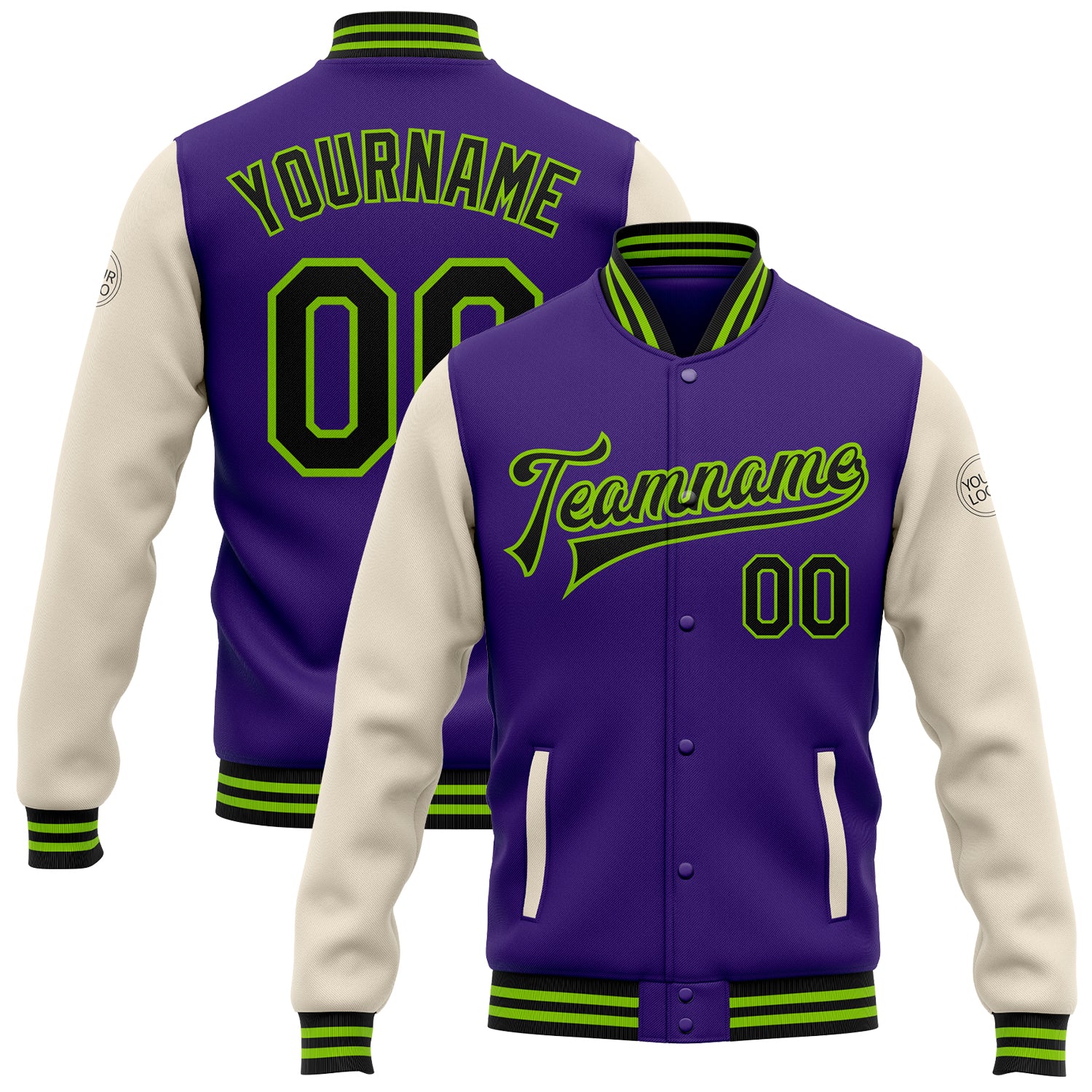 Personalized Purple Black Cream-Neon Green Bomber Full-Snap Varsity Letterman Two Tone Jacket Team Custom Name and Number