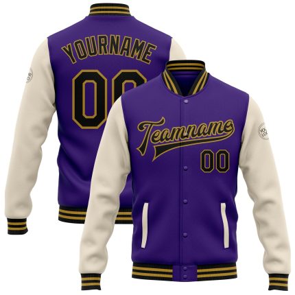 Personalized Purple Black Cream-Old Gold Bomber Full-Snap Varsity Letterman Two Tone Jacket Team Custom Name and Number