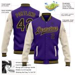 Personalized Purple Black Cream-Old Gold Bomber Full-Snap Varsity Letterman Two Tone Jacket Team Custom Name and Number