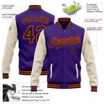 Personalized Purple Black Cream-Orange Bomber Full-Snap Varsity Letterman Two Tone Jacket Team Custom Name and Number