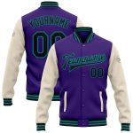 Personalized Purple Black Cream-Teal Bomber Full-Snap Varsity Letterman Two Tone Jacket Team Custom Name and Number