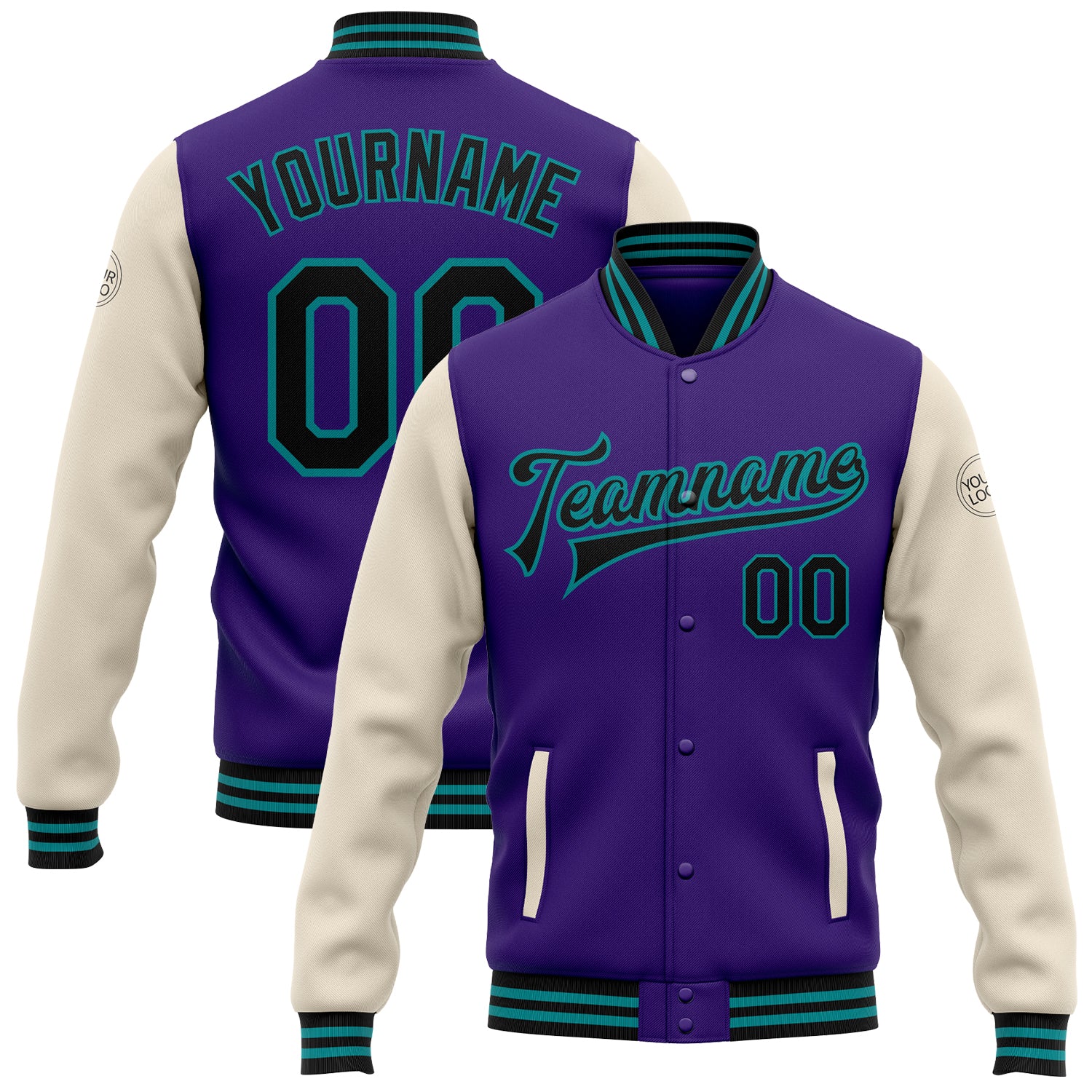 Personalized Purple Black Cream-Teal Bomber Full-Snap Varsity Letterman Two Tone Jacket Team Custom Name and Number
