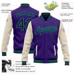 Personalized Purple Black Cream-Teal Bomber Full-Snap Varsity Letterman Two Tone Jacket Team Custom Name and Number