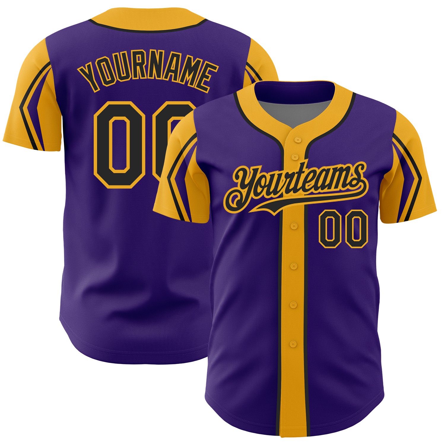 Personalized Purple Black-Gold 3 Colors Arm Shapes Authentic Baseball Jersey Team Custom Name and Number