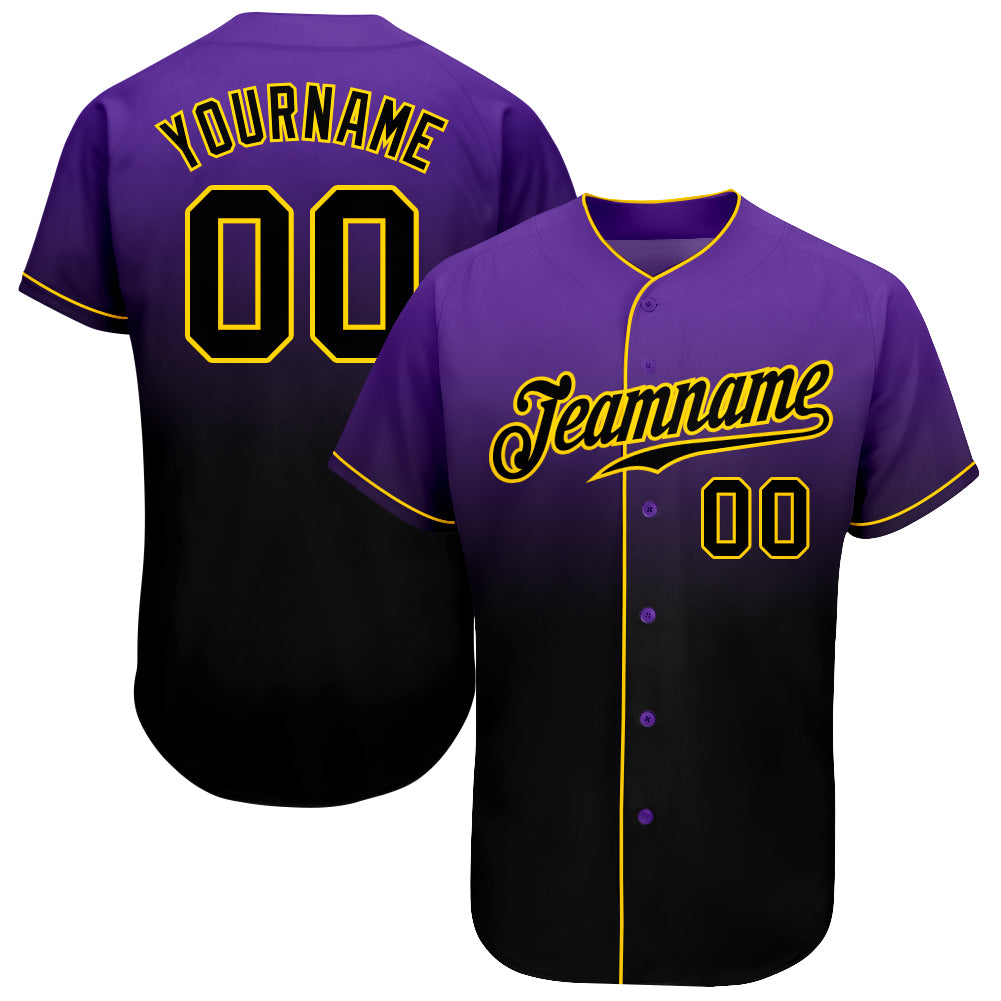 Personalized Purple Black-Gold Authentic Fade Fashion Baseball Jersey Team Custom Name and Number
