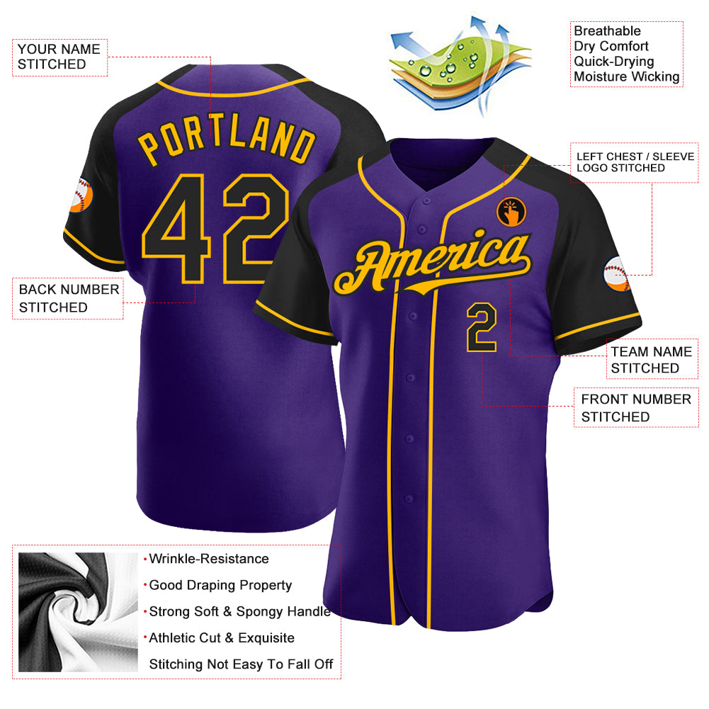 Personalized Purple Black-Gold Authentic Raglan Sleeves Baseball Jersey Personalized Purple Black-Gold Authentic Raglan Sleeves Baseball Jersey - Image 3